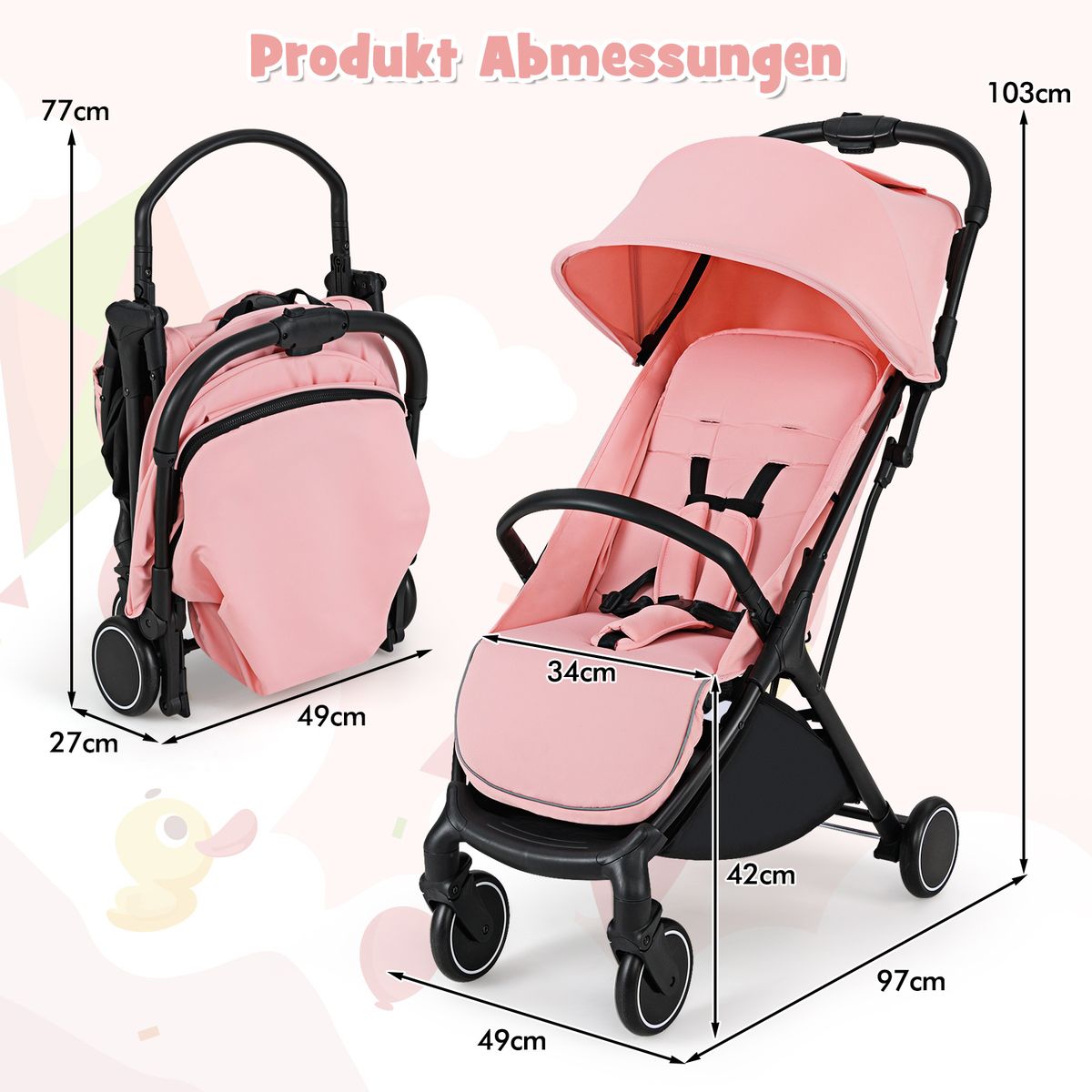Poussette Coast - poussette de voyage pliable - dossier et repose-pieds réglables - rose