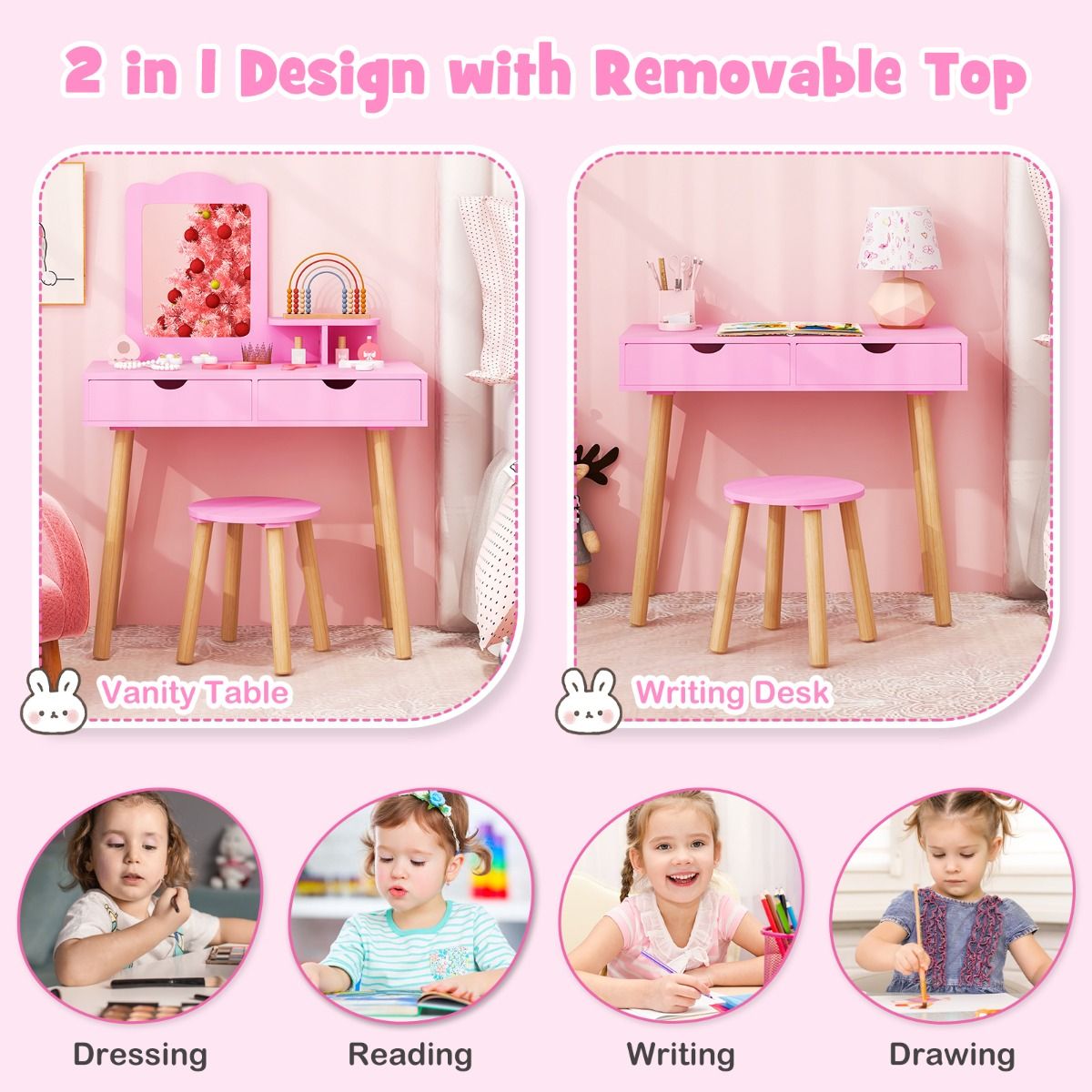 Coast Coiffeuse pour enfants - 2-en-1 avec miroir amovible - deux tiroirs et un tabouret en bois - rose