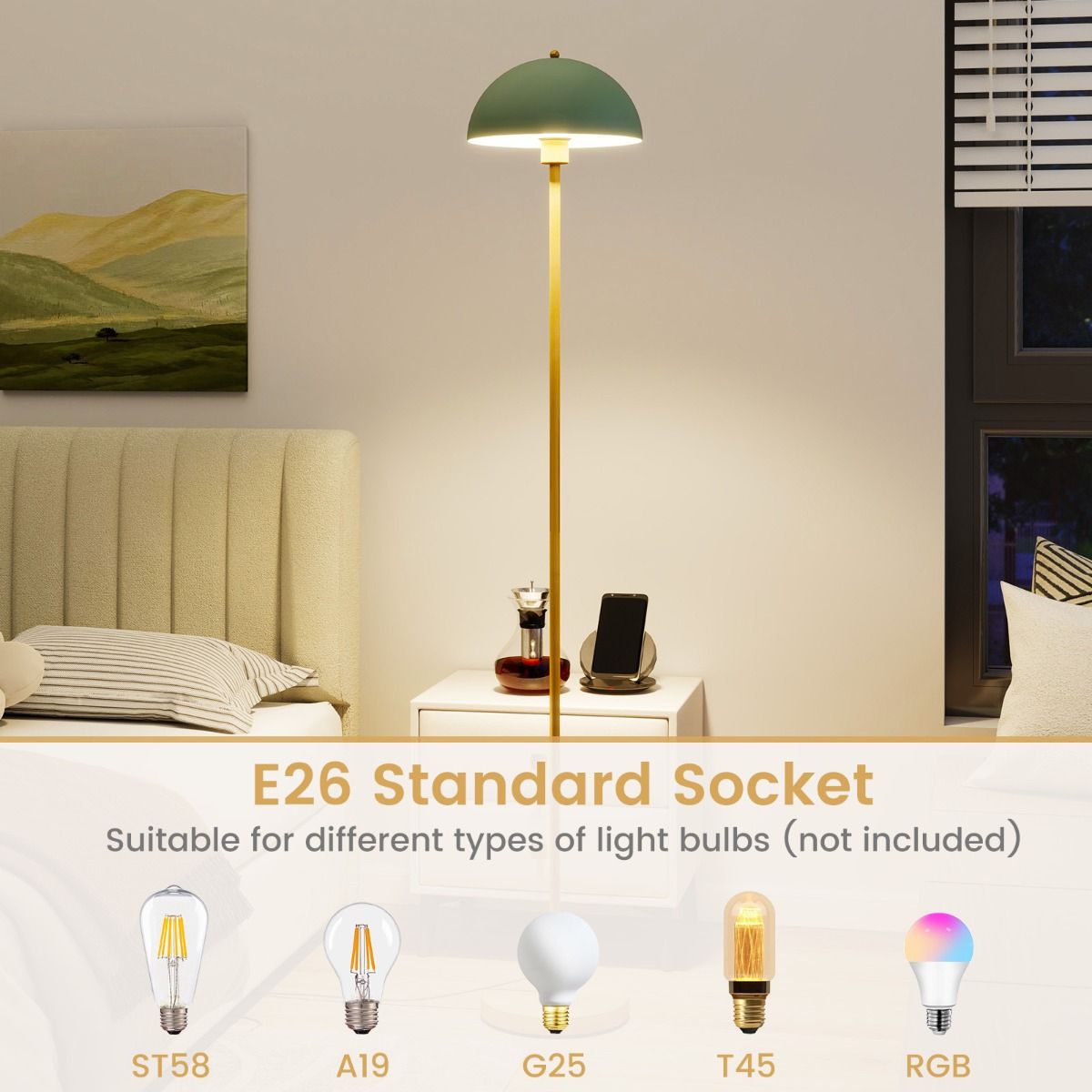 Lampe sur pied Coast - tête orientable - abat-jour incassable - doré, vert et blanc - 163 cm