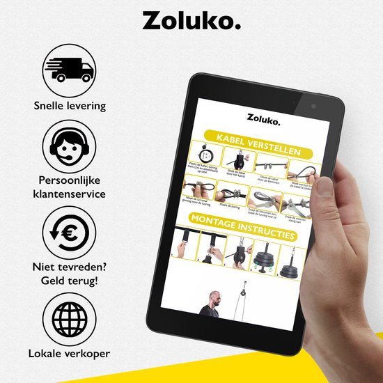 Zoluko Home Fitness Cable System 23-Piece Set - Incl. E-book - Station de musculation pour le sport à domicile - Incl. Triceps Rope, Biceps Rod and Handles - 100kg Carrying Capacity - Easy Attachment - Strength Training - Lat Pulley - Home Gym - Black/Sil