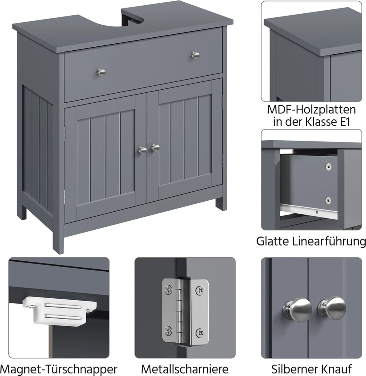 Yaheetech Meuble bas avec tiroir et deux compartiments - équipé d'une découpe pour siphon, d'un revêtement hydrofuge et de ferrures - pour salle de bains de style rustique - Mdf gris foncé et métal - 60 x 30 x 60 cm