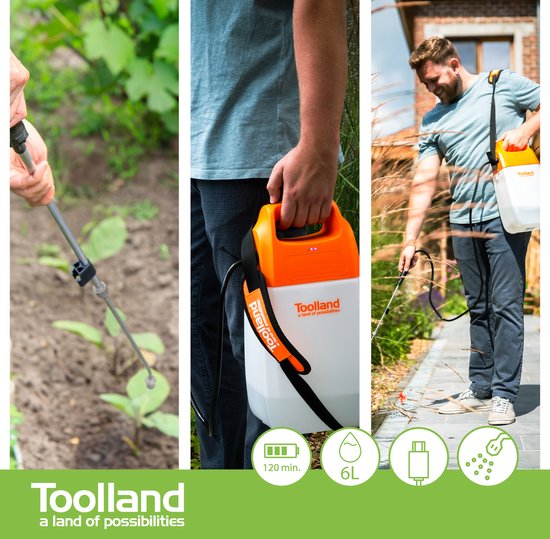 Pulvérisateur Toolland, électrique, batterie rechargeable, lance télescopique, buse réglable, sangle d'épaule, 6 litres, blanc/orange/noir