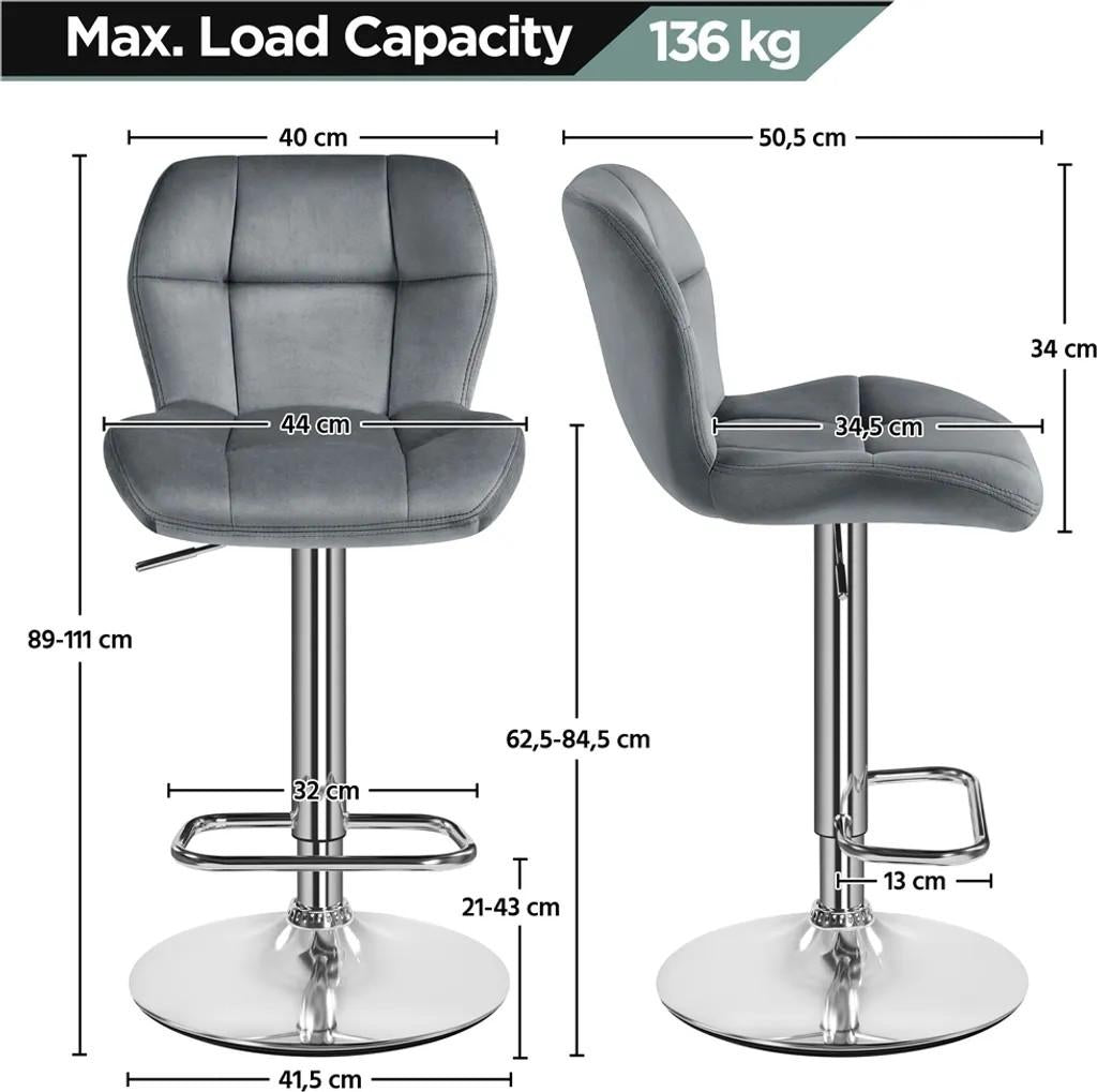 Lot de 2 tabourets de bar Yaheetech avec repose-pieds - 62,5-84,5 cm - Gris foncé