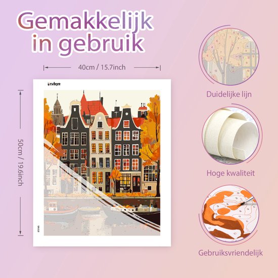 Rubye® Painting By Number Adults - Canal House - Peinture et pinceaux inclus - Toile à peindre - Colour by Number - 40x50cm