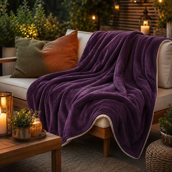 Couverture en polaire Ceruzo Sherpa 150 x 200 cm - Violet prune - Plaid doux - Lavable à 30 °C