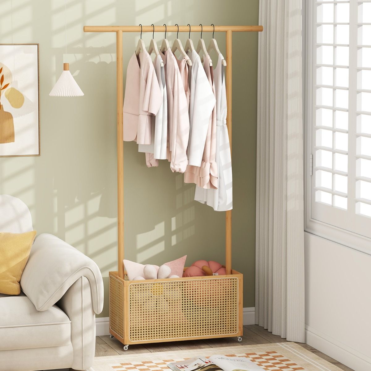 Porte-manteau Coast en bambou - avec panier de rangement et roulettes - couleur naturelle - 100 x 32,5 x 172 cm