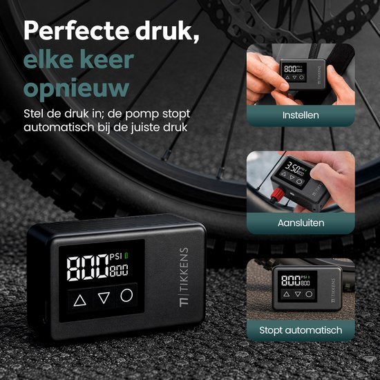 Pompe à vélo électrique Tikkens® AirGo XS - Mini-compresseur - 118 grammes - Portable - Écran numérique - Vélo de course - Vélo de route - Vélo de gravel - Vélo de sport - Vélo de ville - VTT - Trottinette - Fatbike - Rechargeable via USB-C - Presta/Schra