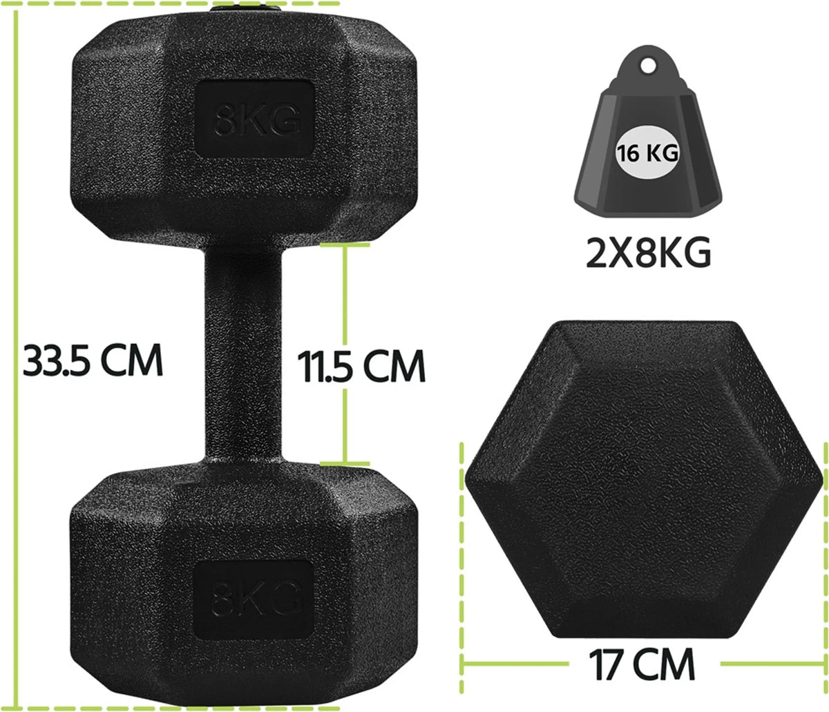 Yaheetech Jeu d'haltères de 2 x 8 kg - 33.5 x 17 x 15 cm - Tête hexagonale, conception antiroulis et revêtement en plastique - Pour la musculation et la gym à domicile - Plastique noir et béton