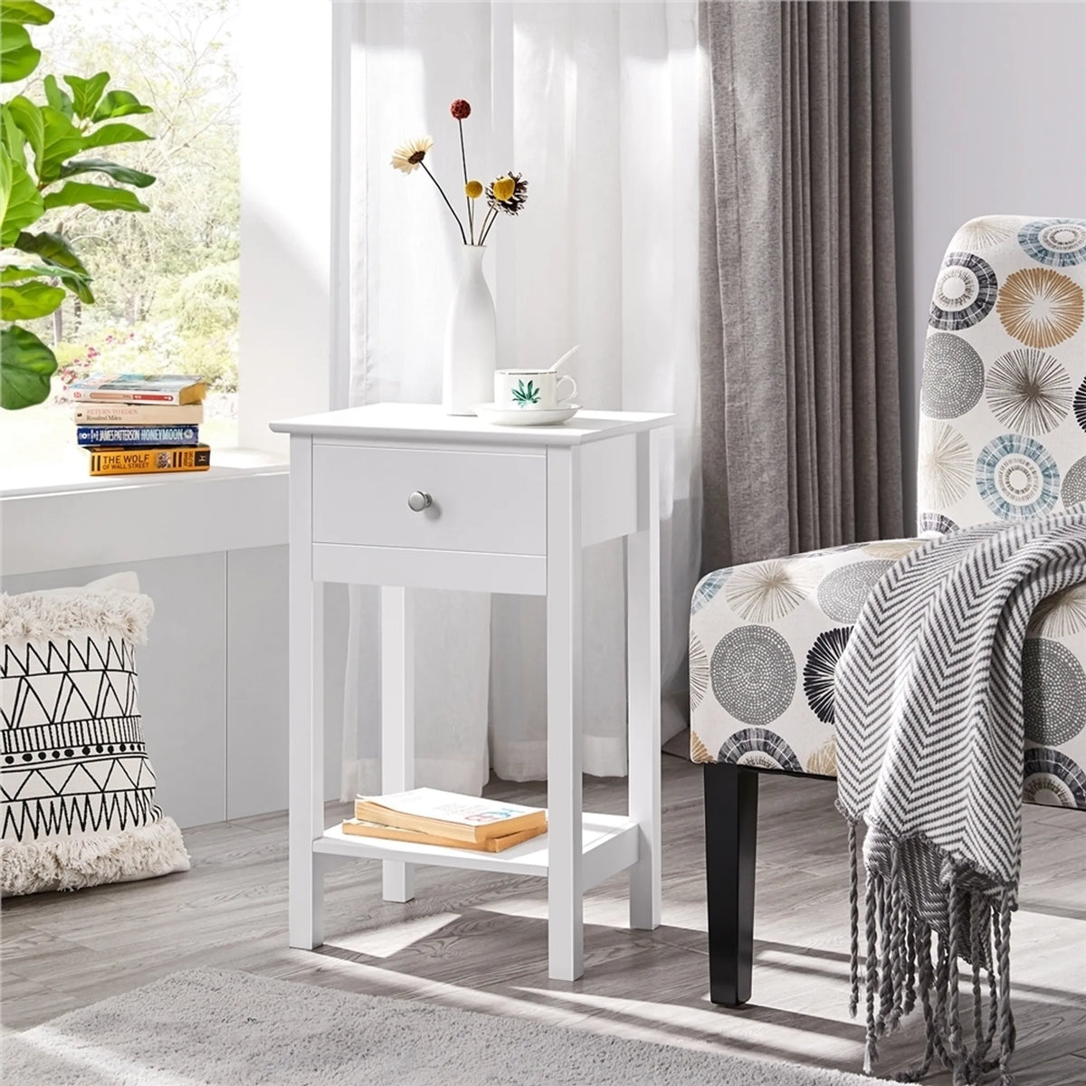 Yaheetech : table de chevet design avec tiroir et étagère, 40 x 30 x 61 cm – Blanc intemporel – MDF