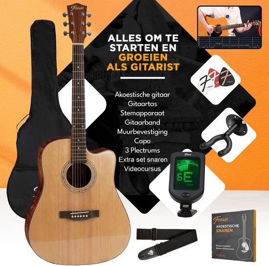 Guitare acoustique Finesse Premium - avec cours vidéo - 4/4 41" - Épicéa massif - Guitare western - Guitare pour enfants et adultes - Naturel
