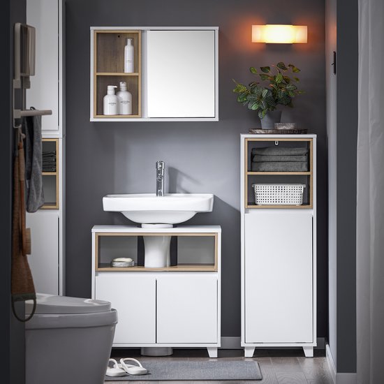 SoBuy BZR146-W Meuble de salle de bain - Bois composite blanc avec panier de lavage