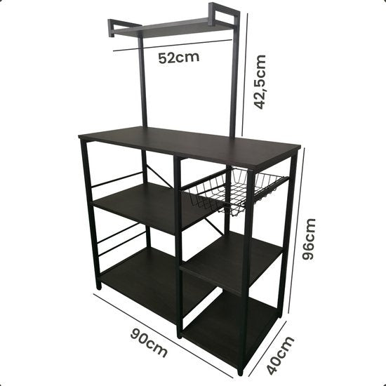 Buffet de cuisine Goliving - Étagère de cuisine verticale - Armoire à micro-ondes - Organisateur - Métal - Bois - 90 x 40 x 132 cm - Noir