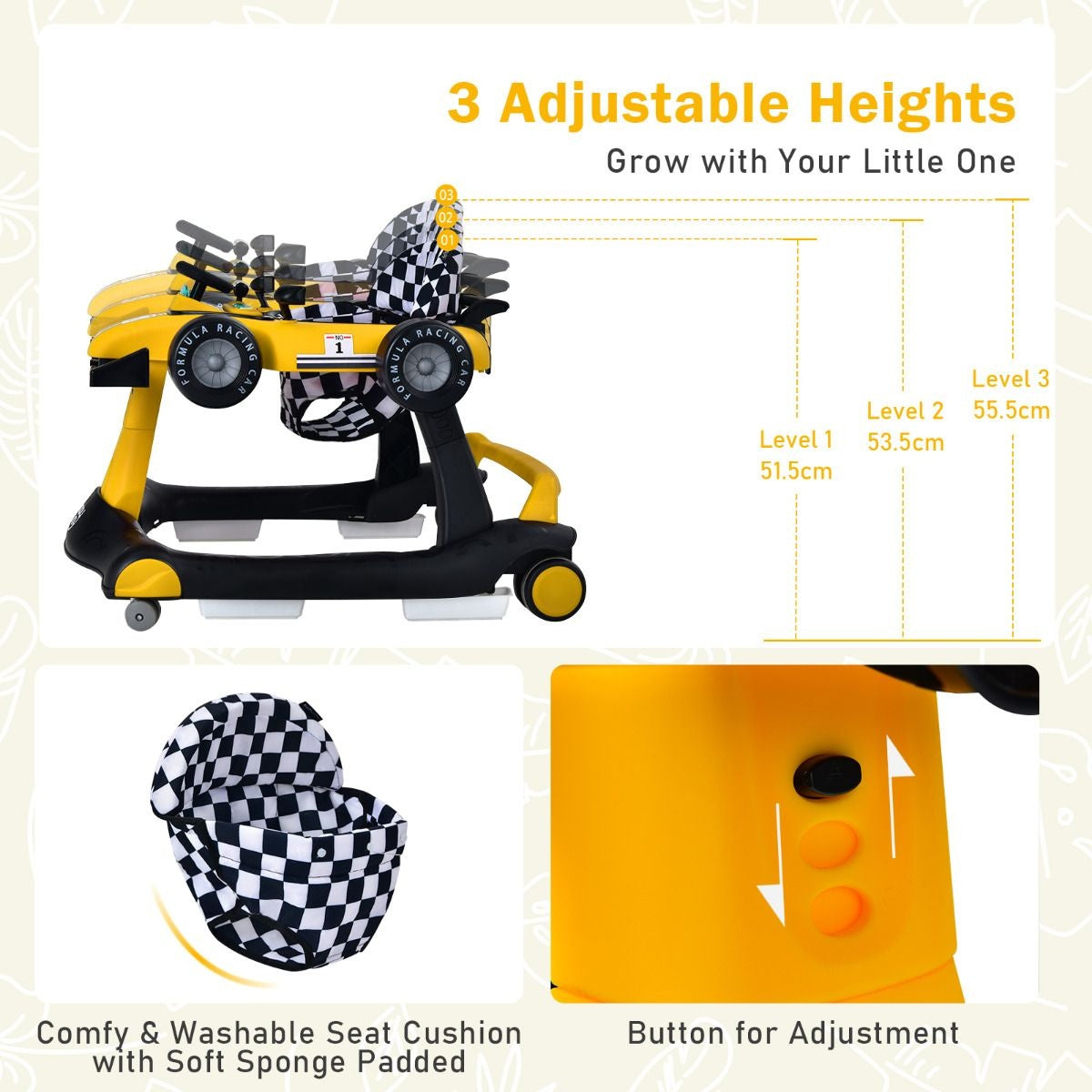 Poussette 4-en-1 avec hauteur et vitesse réglables Chariot pour bébé avec patins antidérapants Poussette pliable Noir/jaune/bleu/gris/blanc/rouge