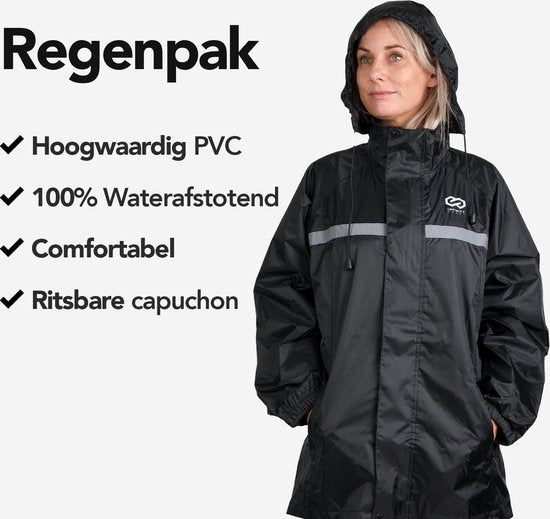 Infinity Goods Regenpak - Dames & Heren - Maat L - Waterdicht & Ademend - Reflecterend - Zwart
