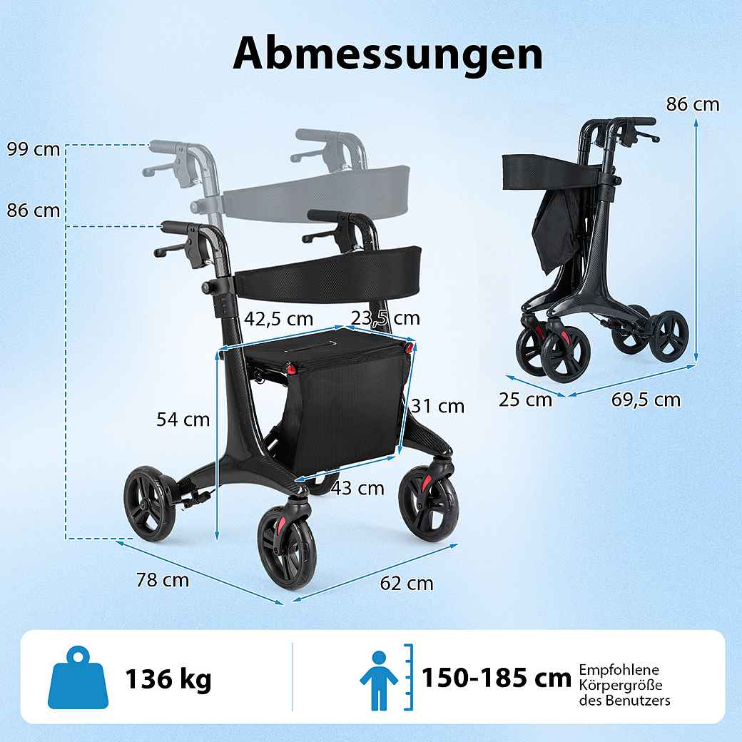 Coast Foldable Rollator Black - Aide à la marche ultralégère en carbone avec siège - 78 x 62 x 86-99 cm