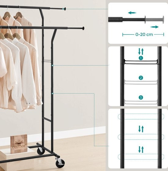 Porte-vêtements O'DADDY® sur roulettes - Portemanteau - Tringle à vêtements - Réglable et extensible - Roulettes industrielles - Métal - Stable jusqu'à 110 kg - Noir