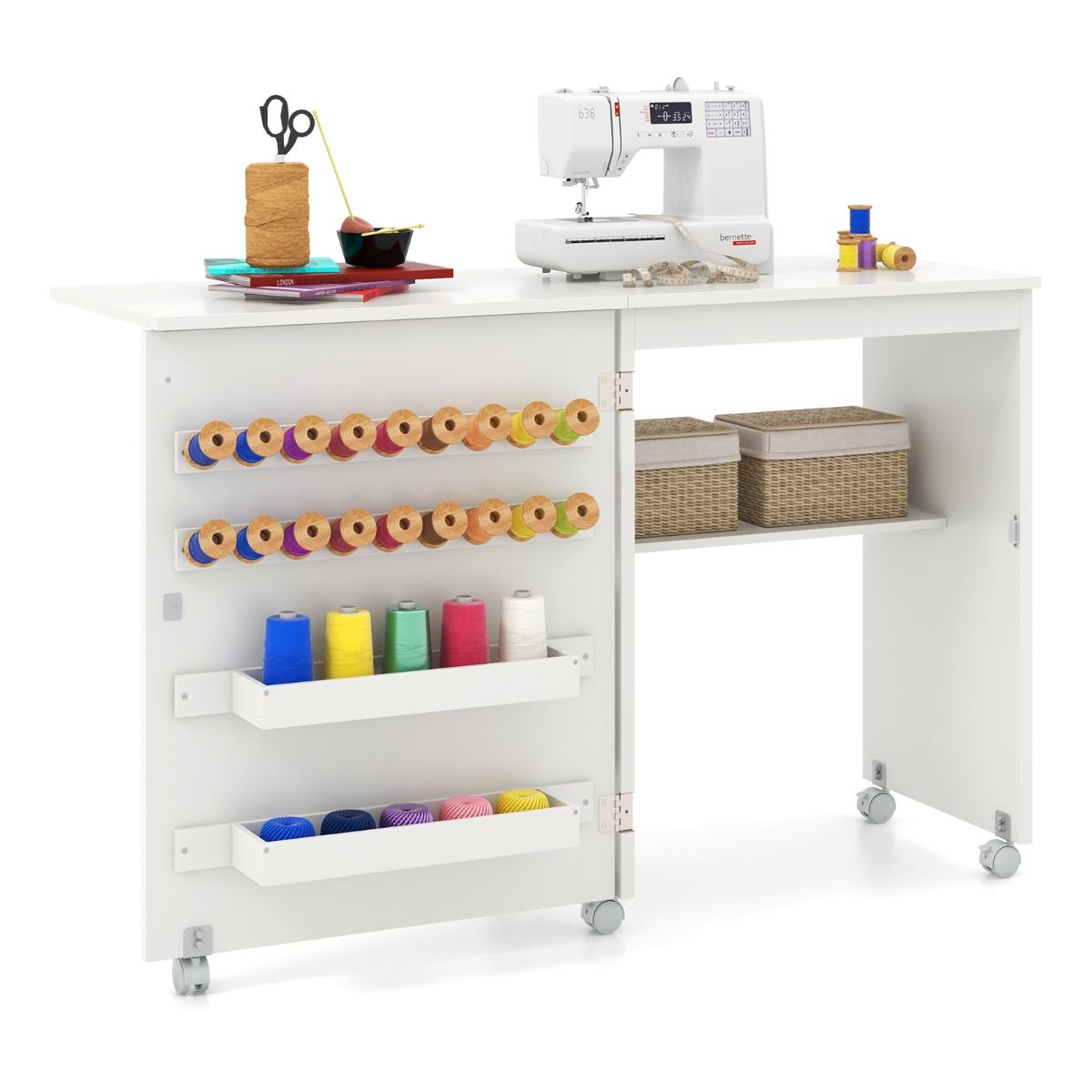 Table de couture pliable Coast avec porte de rangement - 5 roulettes verrouillables - blanche