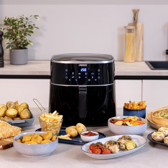 Friteuse à air chaud numérique Princess XXL 182254 - 8 litres - Très grande capacité - Sans PFAS - Friteuse à air chaud - Grille réglable en hauteur incluse - Écran tactile numérique - 8 programmes automatiques - 1 800 W - Noir