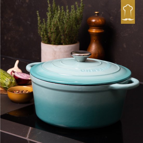 Casserole en fonte Chefarone 4,7 L - Sans PFAS - Casserole avec couvercle - Compatible avec toutes les sources de chaleur - Émaillée bleue