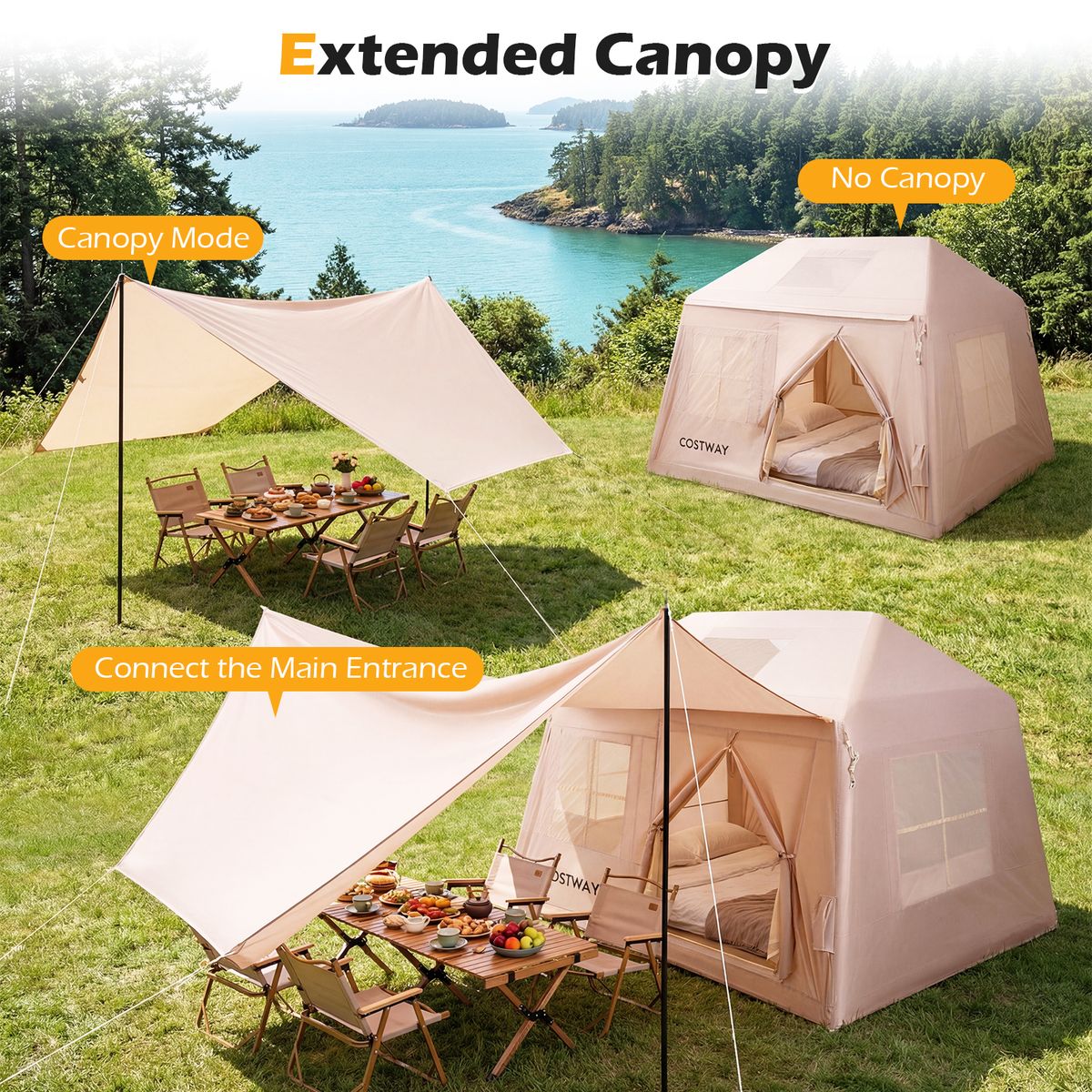 Tente de camping gonflable Coast - pour 4 à 6 personnes - montage rapide - kaki 253 x 213 x 183 cm