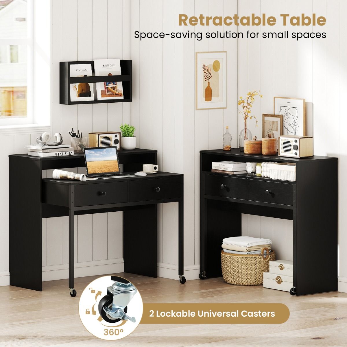 Bureau extensible Coast - avec 2 tiroirs - roulettes verrouillables - noir - 100 x 63 x 88 cm