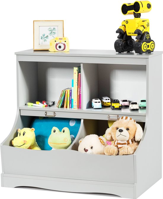 COSTWAY Étagère pour enfants, étagère à jouets avec 4 compartiments, étagère à livres pour enfants, étagère de rangement, organisateur de jouets pour la chambre d'enfant et la salle de jeux, 67 x 40 x 62 cm, gris
