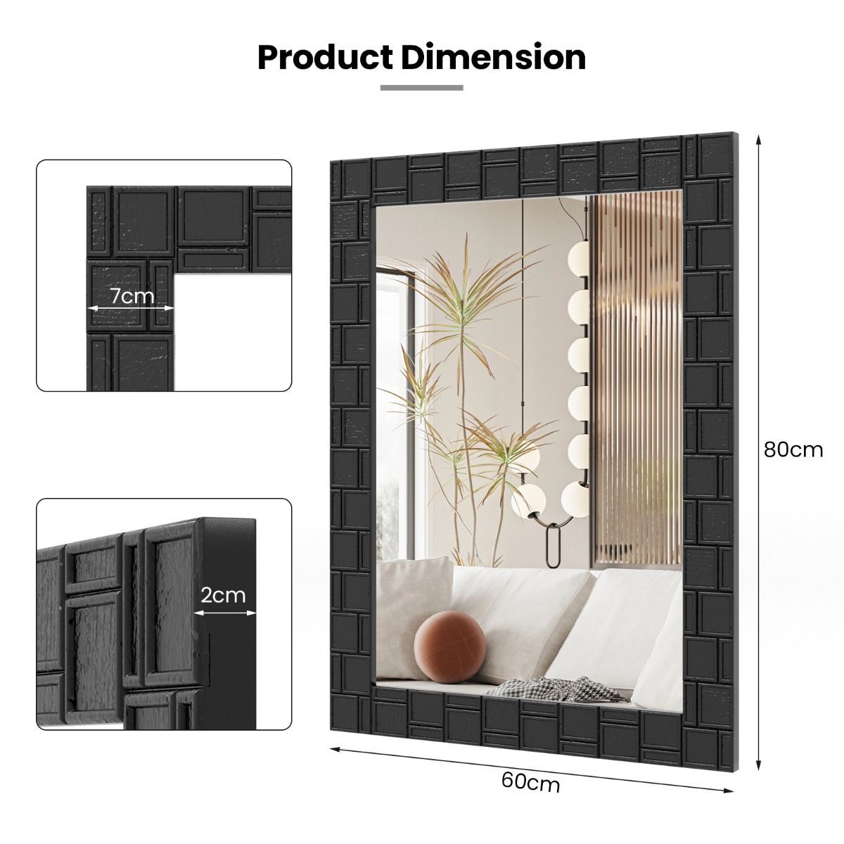 Miroir mural Coast - rectangulaire - cadre en bois - peut être accroché à la verticale ou à l'horizontale - noir - 80 x 60 cm