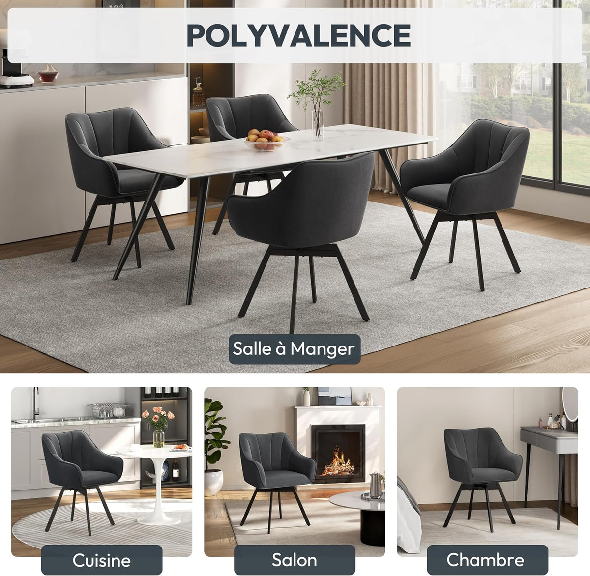 Lot de 2 chaises de salle à manger pivotantes avec accoudoirs et revêtement en velours gris foncé