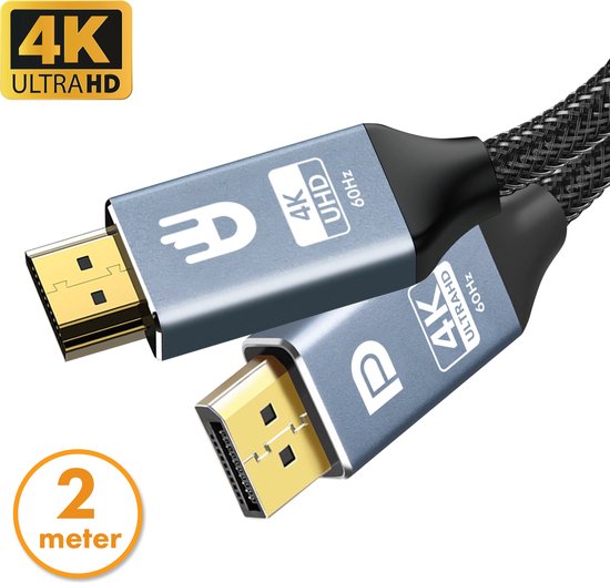 Drivv. Câble Premium Displayport vers HDMI - 4K 60hz - Nylon - 2 mètres - Gris