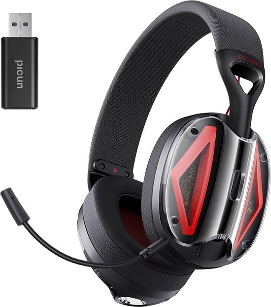 Picun G1 - Casque de jeu sans fil 2,4 GHz - Casque supra-auriculaire - Avec microphone - PC/PS4/PS5/Nintendo Switch - Noir rouge