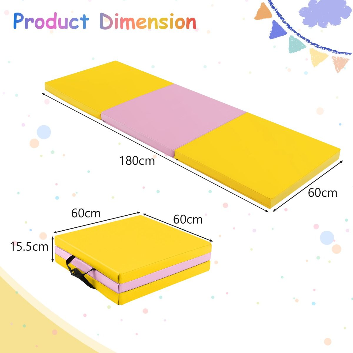 Tapis de gymnastique Coast - 3 couches - pliable - antidérapant - 180 x 60 x 5 cm - jaune et rose