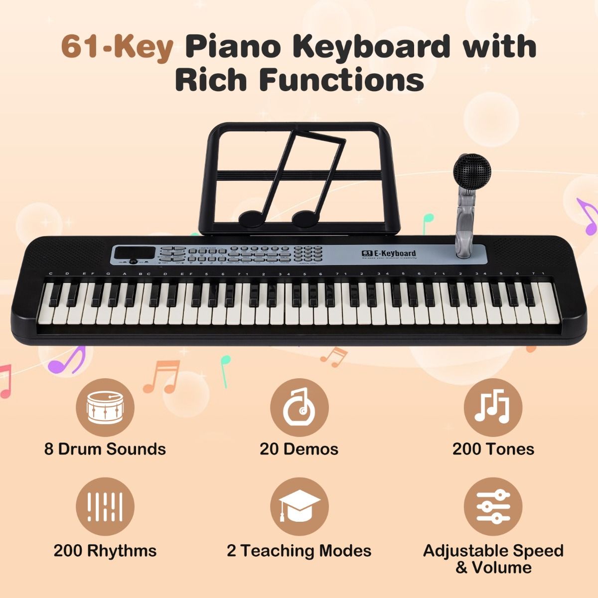 Clavier pour enfants Coast - 61 touches - support réglable - avec microphone et pupitre - noir/rouge