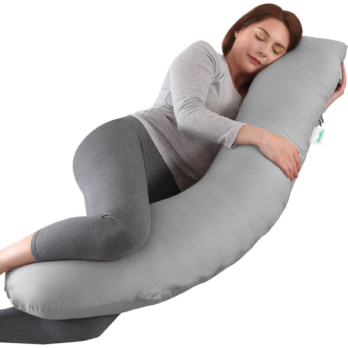 Litollo® Coussin de grossesse (forme J) - Coussin en soie - Coussin d'allaitement - Coussin de corps - 145cm - Housse amovible - Gris