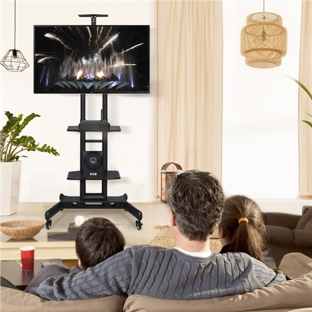 Yaheetech : support TV sur roulettes 32-75 pouces - Réglable - 3 étagères - Noir - 82 x 57,5 x 196,5 cm