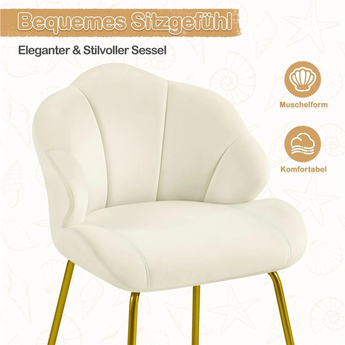 Chaise de salle à manger Yaheetech en forme de coquillage - Rembourrée avec pieds en métal - 56 x 57 x 78 cm - Beige