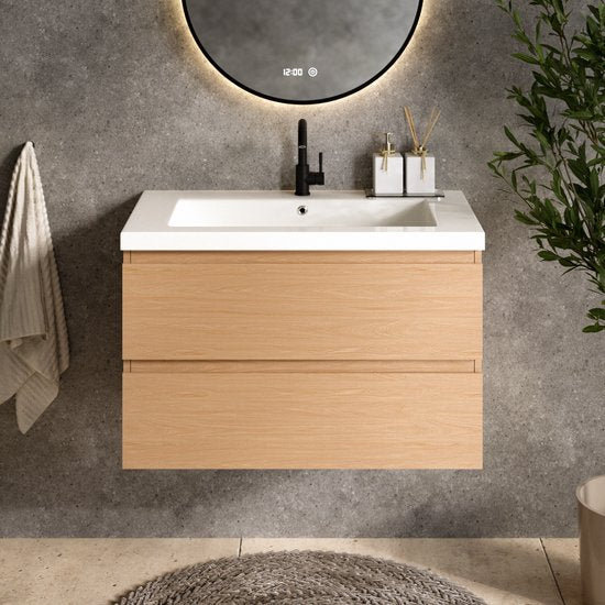 Meuble de salle de bains Mirlux en chêne clair 80 cm - Lavabo blanc - Ensemble de meubles de salle de bains - Meuble sous-lavabo en chêne clair