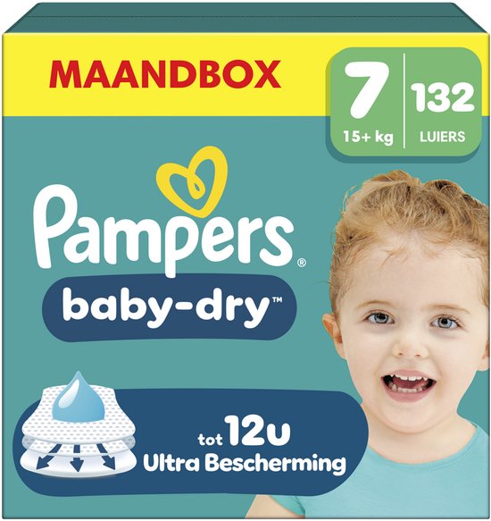 Pampers Baby-Dry taille 7 - 132 couches - 15 kg et plus - Coffret mensuel