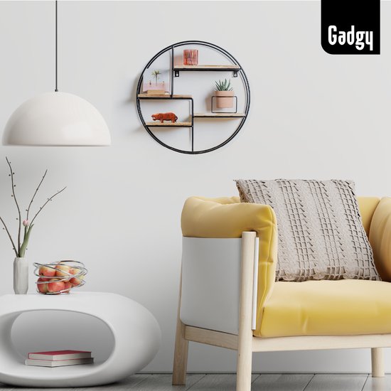 étagère murale - Gadgy - décoration murale salon en bois - Ø 42x10 cm - Métal noir