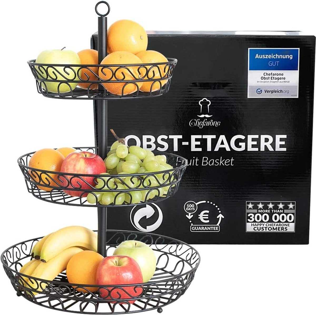 Étagère à Fruits - Chefarone - Corbeille à fruits - Coupe à fruits - Panier à légumes - Rangement - 3 étages - Métal - Noir