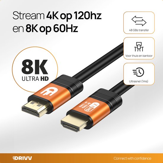 Drivv. Câble HDMI Premium 2.1 - Ultra HD - 8K 60Hz - 4K 120Hz - Convient à Xbox Series X & PS5 - 1 mètre - Orange