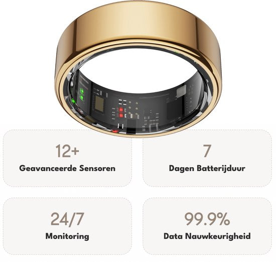 Focus® S1 Smart Ring - Or - Taille 11 - Fréquence cardiaque - Cycle menstruel - Moniteur de sommeil - Anneau intelligent - Performance sportive - Podomètre - Etanche à l'IP68 - Mesure de l'O2 - Femmes - Hommes - Wearables - Etui de chargement - anneau de