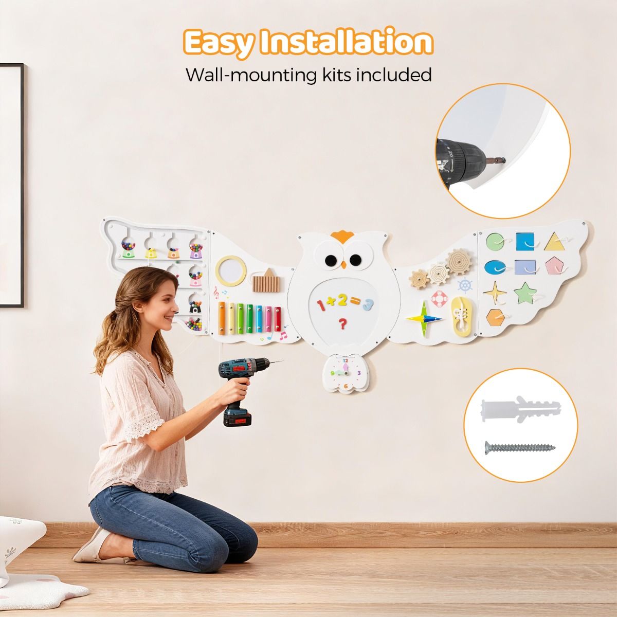 Panneau d'activités mural Coast « Chouette » - Panneau d'activités éducatif 11-en-1 - Jouet Montessori - blanc