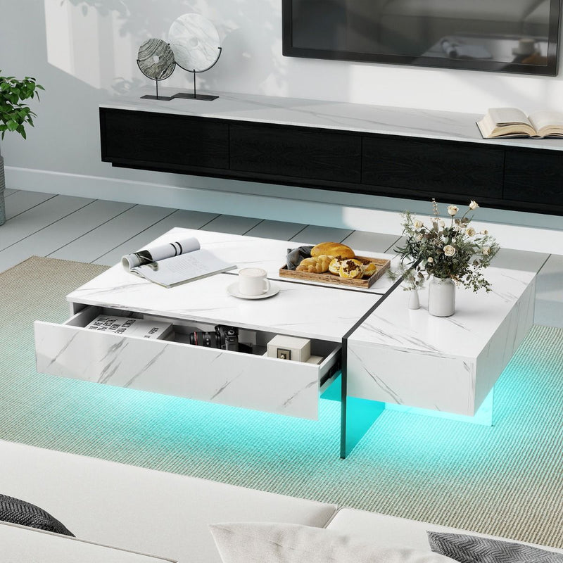 Table basse Coast avec éclairage LED - 3 tiroirs de rangement - finition brillante - blanche - 120 x 70 x 35 cm