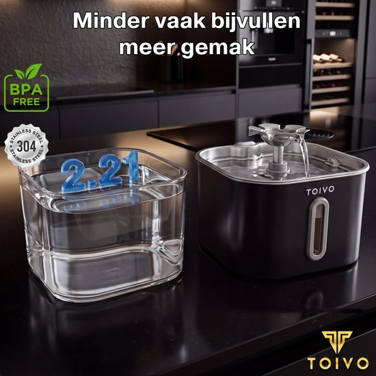 Toivo Fontaine à eau pour chat - 2,2 L - Acier inoxydable - Fontaine à eau avec fenêtre, 4 filtres inclus - Distributeur d'eau - Silencieuse - Fontaine pour chat - Abreuvoir - Bol à eau - Noir