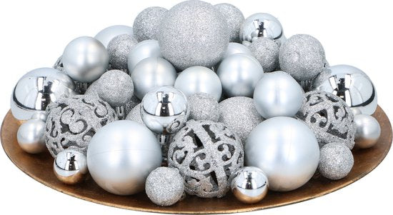 Lot de boules de Noël argentées Giftsome - 101 boules de Noël en plastique - avec pic argenté - Décoration de Noël - 3/4/6 cm