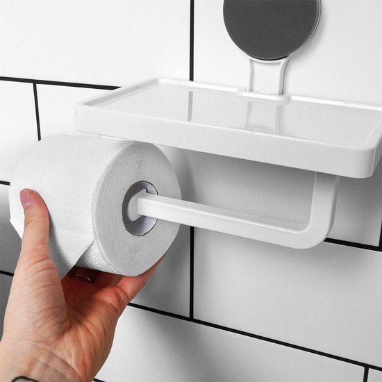 Bathroom Solutions - Porte-rouleau de papier toilette avec étagère - Plastique blanc - Fixation par ventouse - Design classique
