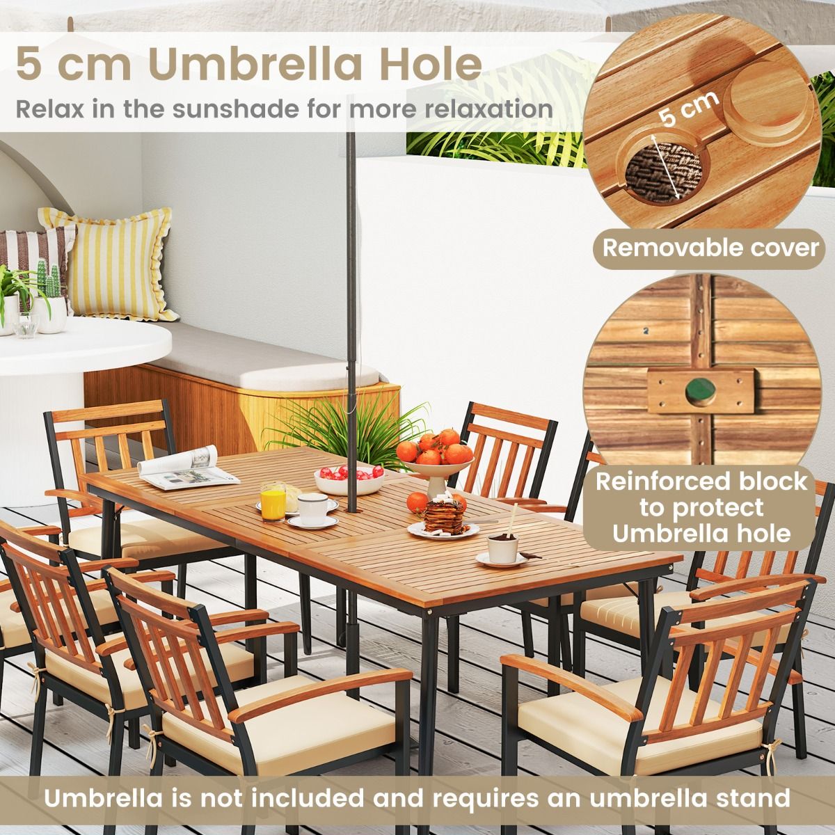 Table de jardin Coast pour 8 personnes - bois d'acacia avec pieds en métal - trou pour parasol de 5 cm - couleur naturelle et noire - 200 x 90 cm