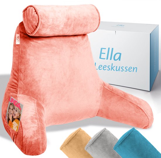 Coussin de lecture Ella XL - Coussin de relaxation en mousse à mémoire de forme pour le lit - Coussin d'assise avec soutien de la nuque et du bas du dos - Bookseat - Velours rose corail