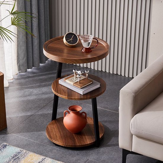 Table d'appoint moderne - 3 couches - Marron - Ø40 cm - Design industriel - MDF - Métal noir