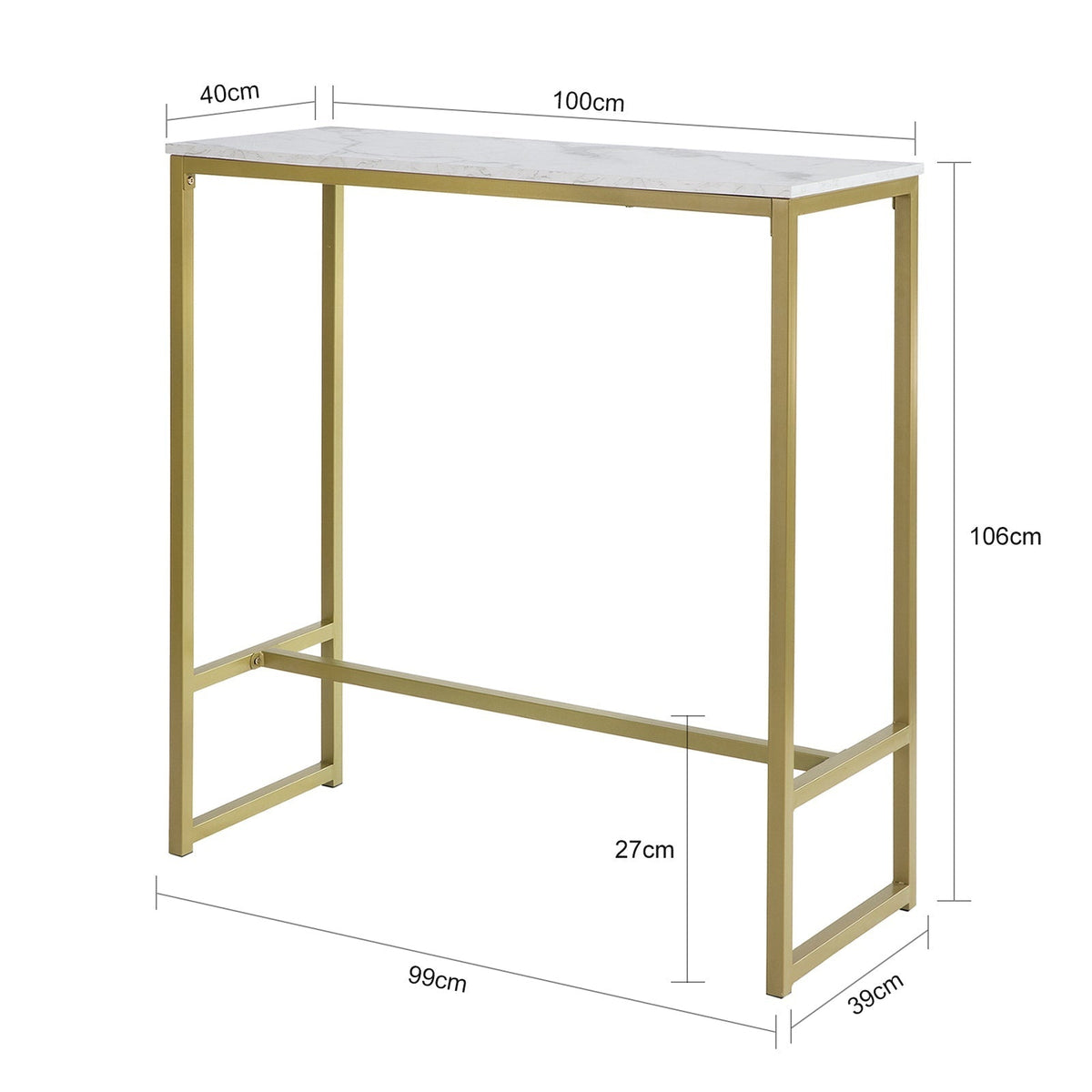 SoBuy Table de bar haute - Max. 50 kg - Effet marbre - 100 x 40 x 106 cm - Blanc / Or